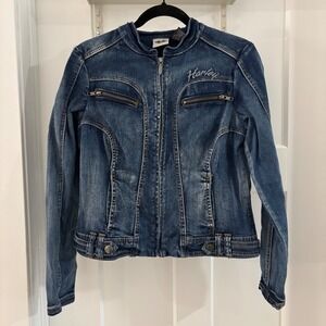 Y2K Style Wmns M Harley Davidson Motorcyce Denim Jacket Rhinestone Angel Wings